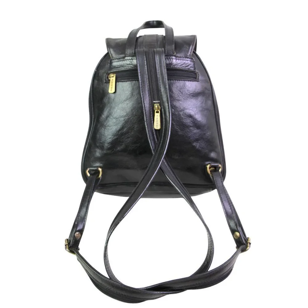 Hexagona BLACK REAL LEATHER ZIP AROUND FLAP BACKPACK SHOULDER BAG HANDBAG PURSE